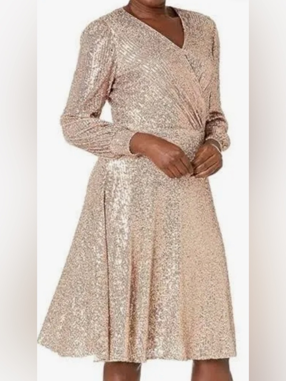 TAHARI Metallic Rose Gold Sequin Long-Sleeve Wrap Dress